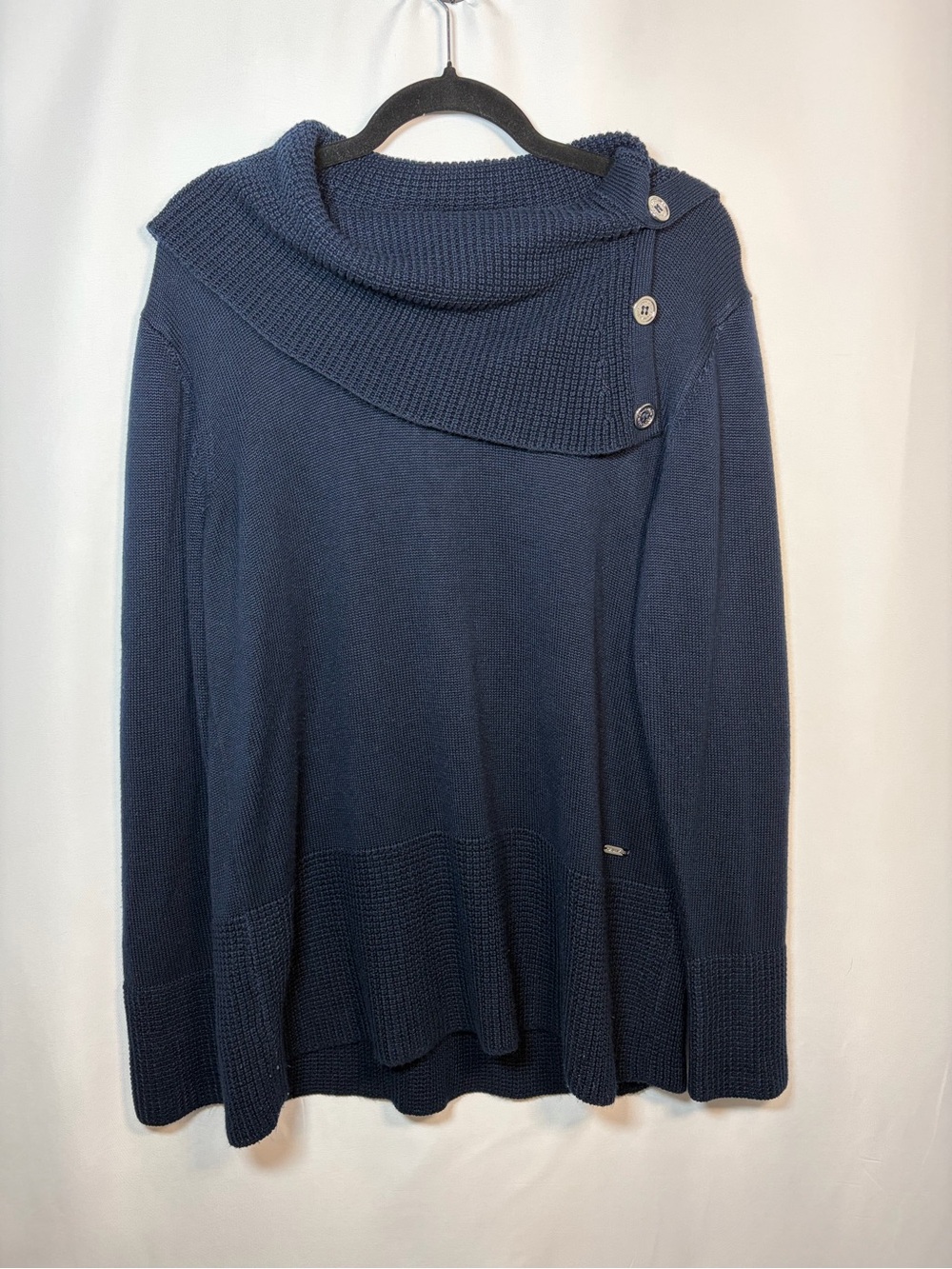 Calvin Klein Navy Blue ChunkyKnit Long Sleeve Button-up Turtleneck Tunic Sweater